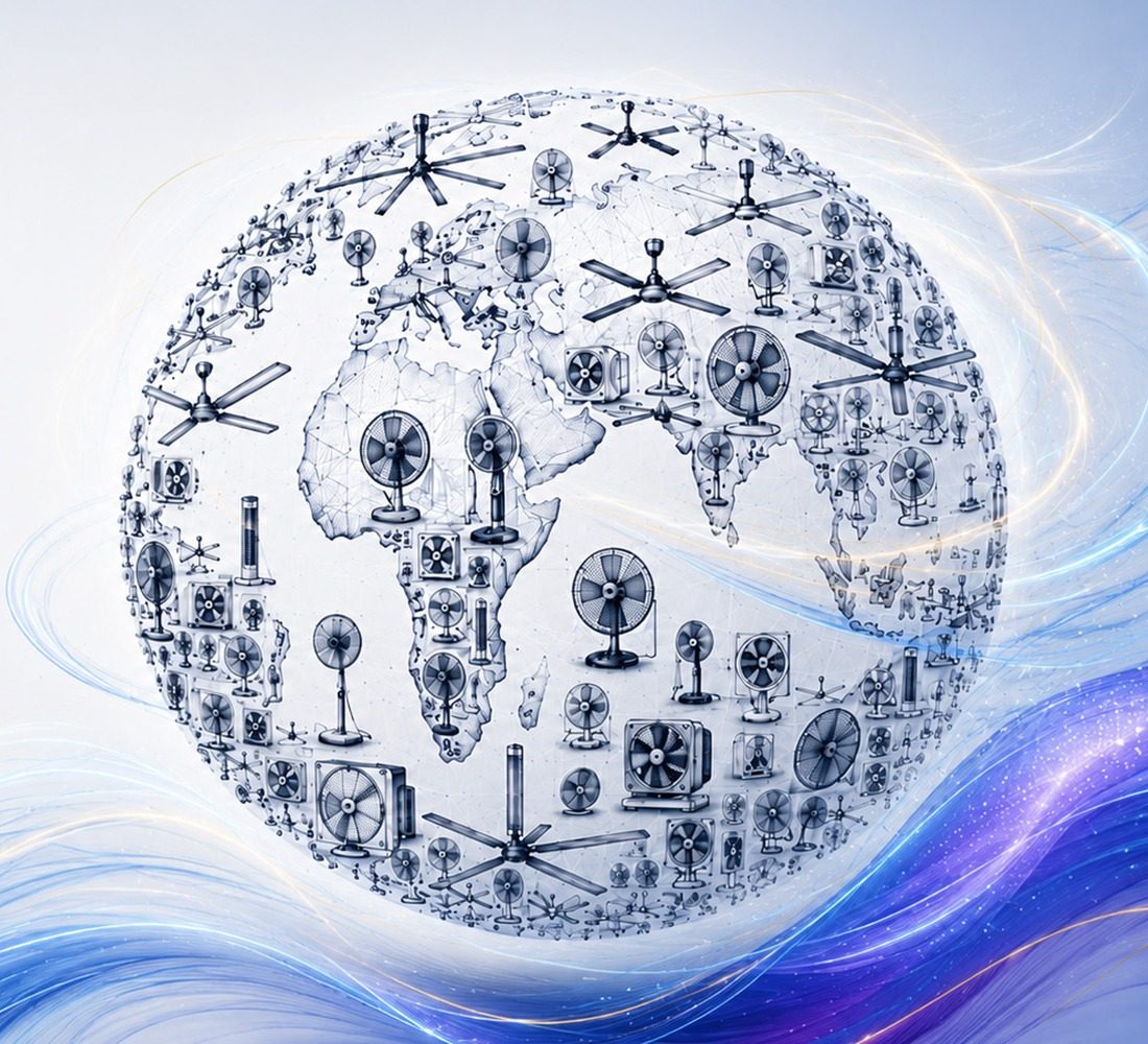 A globe formed of fans, representing India's global fan manufacturing reach