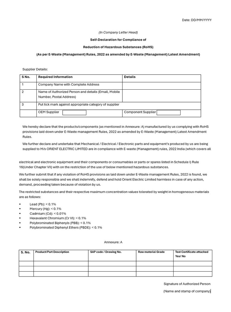 RoHS self-declaration form for reference