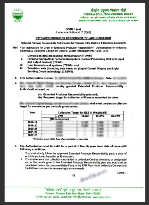 Form 1 (aa) - Extended Producer Responsibility authorisation certificate issued by the Central Pollution Control Board